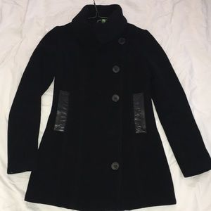 MACKAGE REAL LEATHER TRIM-SOFT WOOL FUNNEL NECK PEA COAT EUC SIZE XS